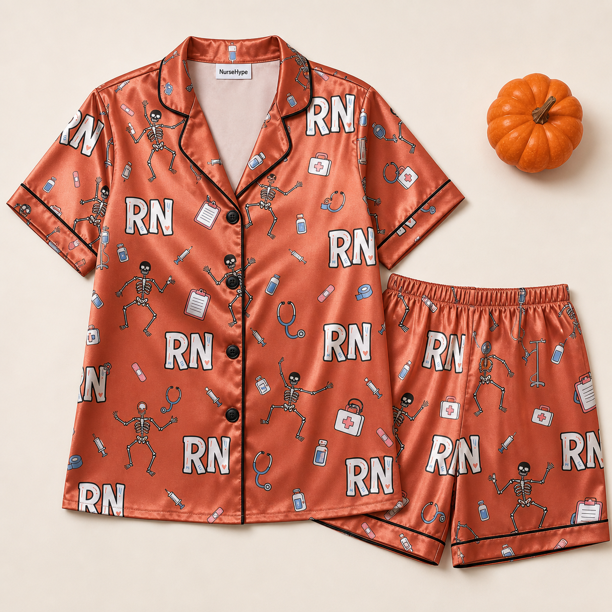 Dancing Skeleton RN Halloween Satin Pajama Set