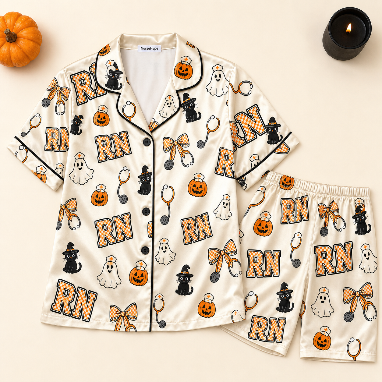 Ivory Black Cat Ghost RN Halloween Satin Pajama Set