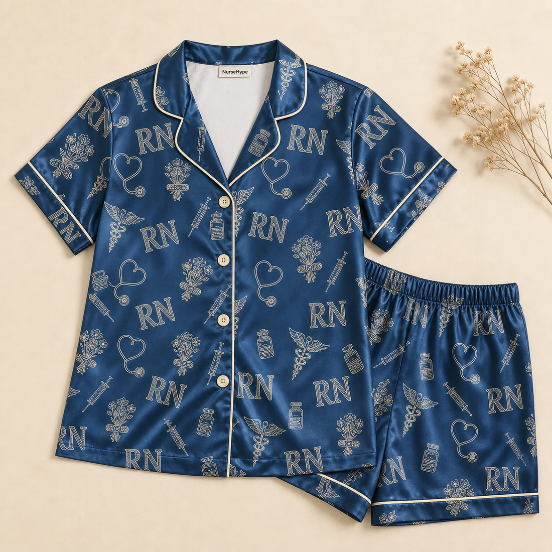 RN Navy Blue Medical Icons Line Art Satin Pajama Set - Short Style Flat Lay