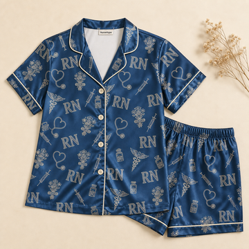 RN Navy Blue Medical Icons Line Art Satin Pajama Set - Short Style Flat Lay