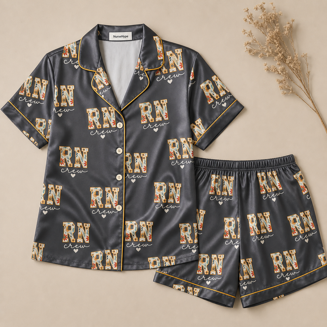 RN Crew Sunflower Floral Satin Pajama Set - Short flat lay
