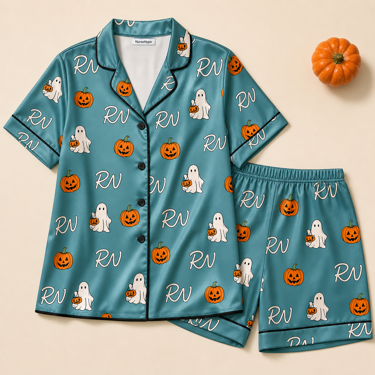 Teal Pumpkin Ghost RN Halloween Satin Pajama Set
