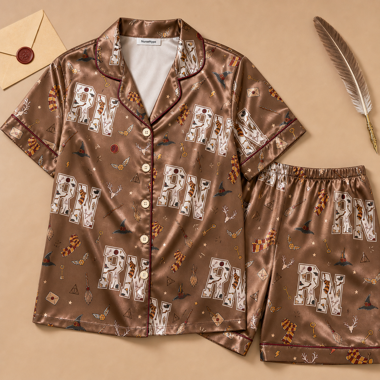 Vintage Wizard RN Brown Satin Pajama Set