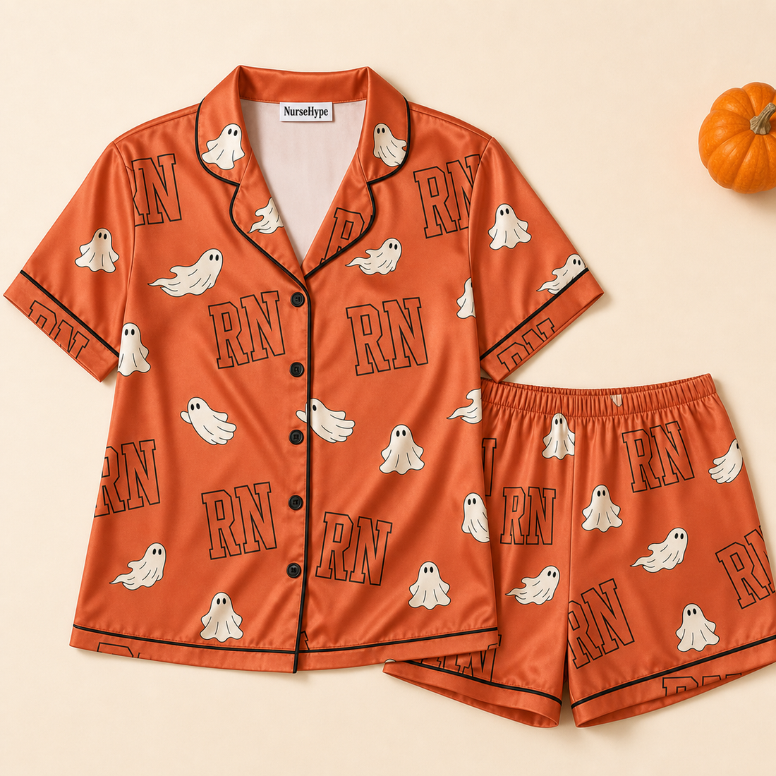 Cute Ghost RN Halloween Satin Pajama Set - Short flat lay