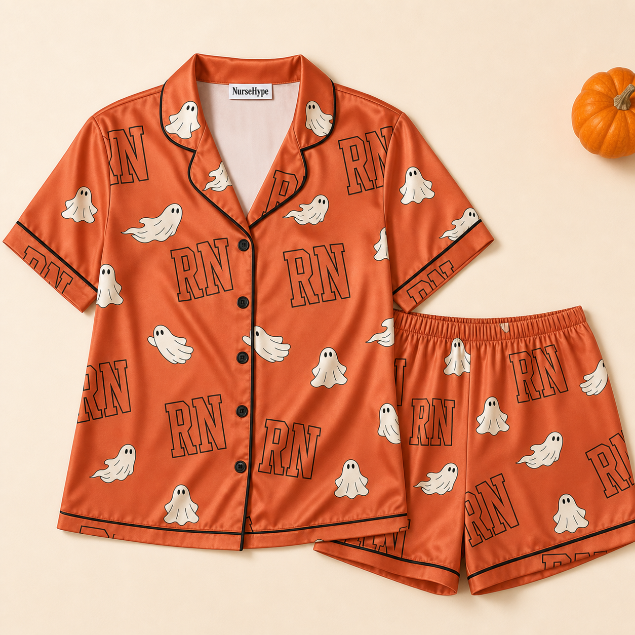 Cute Ghost RN Halloween Satin Pajama Set - Short flat lay