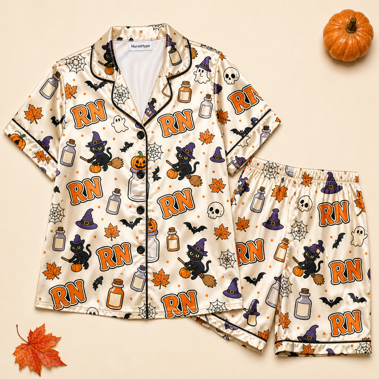 Witch Cat RN Halloween Satin Pajama Set