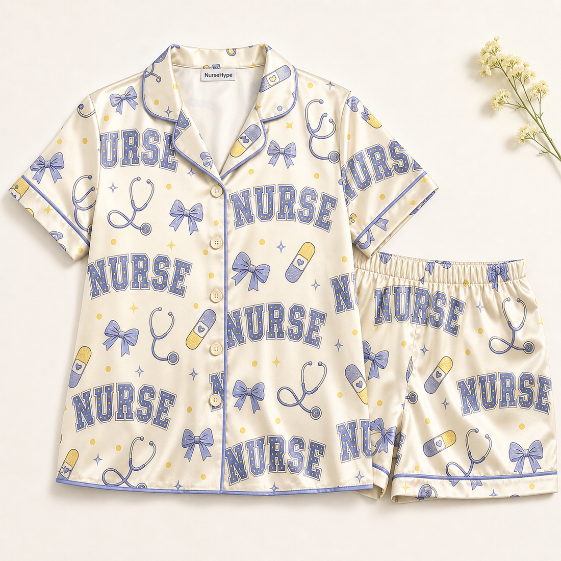 Nurse Varsity Bow Bandage Satin Pajama Set - Short Style Flat Lay