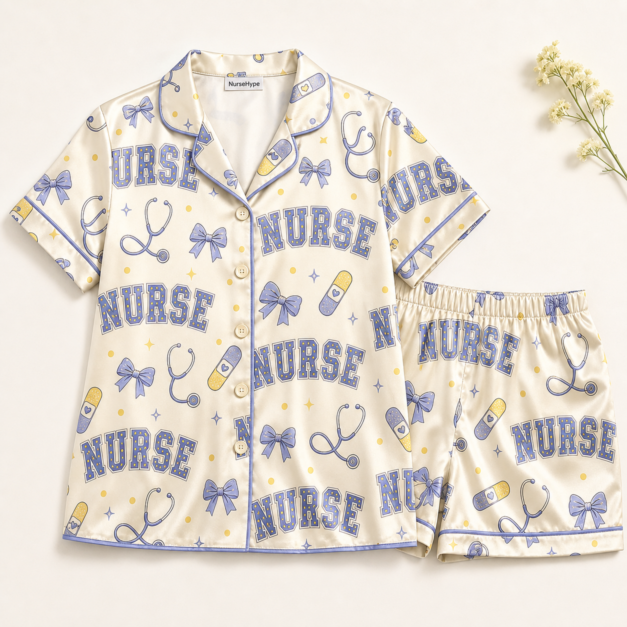 Nurse Varsity Bow Bandage Satin Pajama Set - Short Style Flat Lay