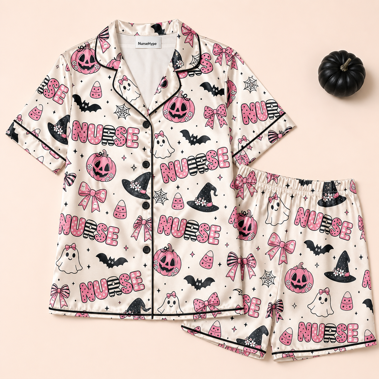 Pink Pumpkin Witch Hat Nurse Halloween Satin Pajama Set