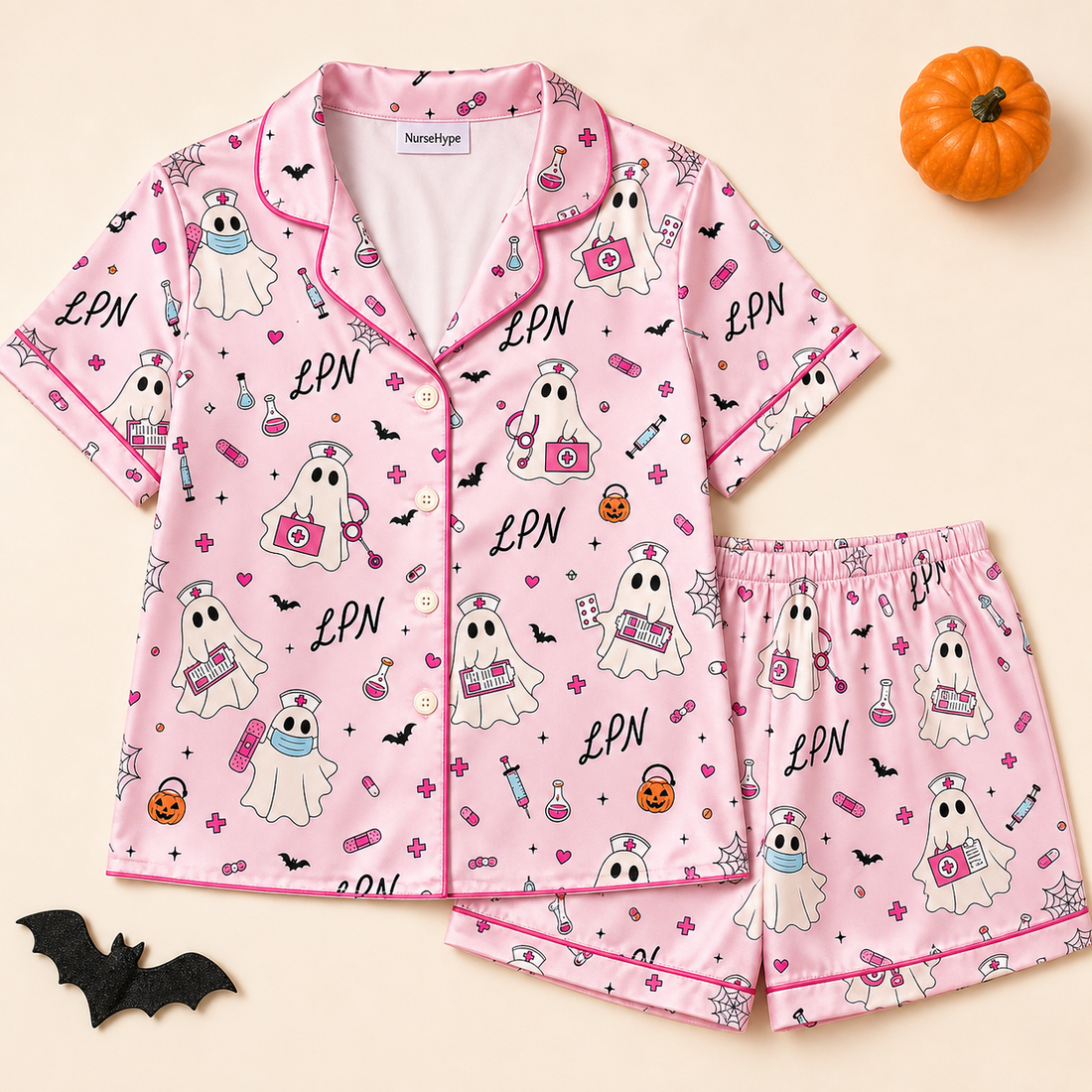 Pink Ghost Nurse LPN Halloween Satin Pajama Set - Short flat lay