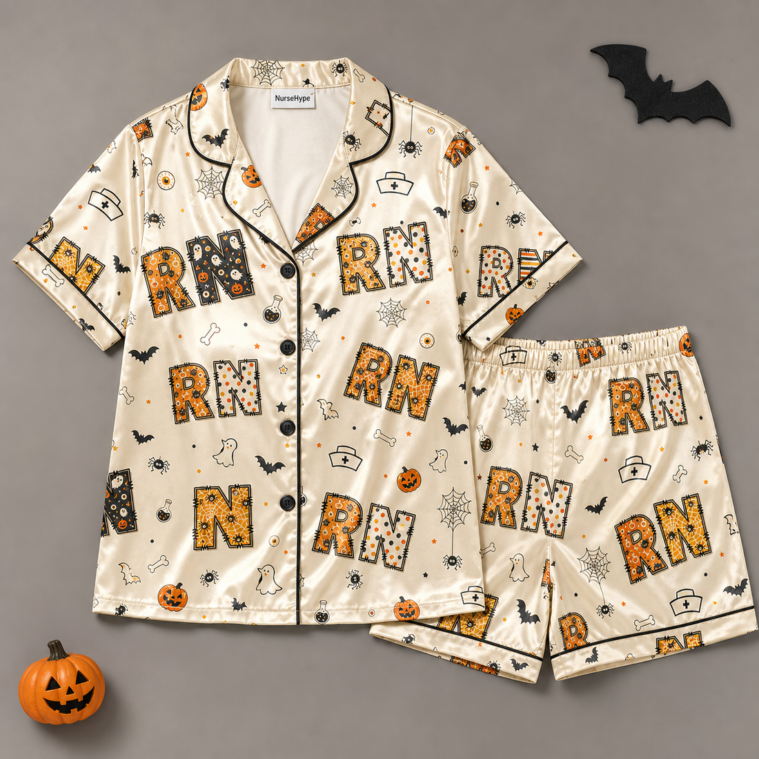 Spooky RN Halloween Pumpkin Nurse Satin Pajama Set - Short flat lay
