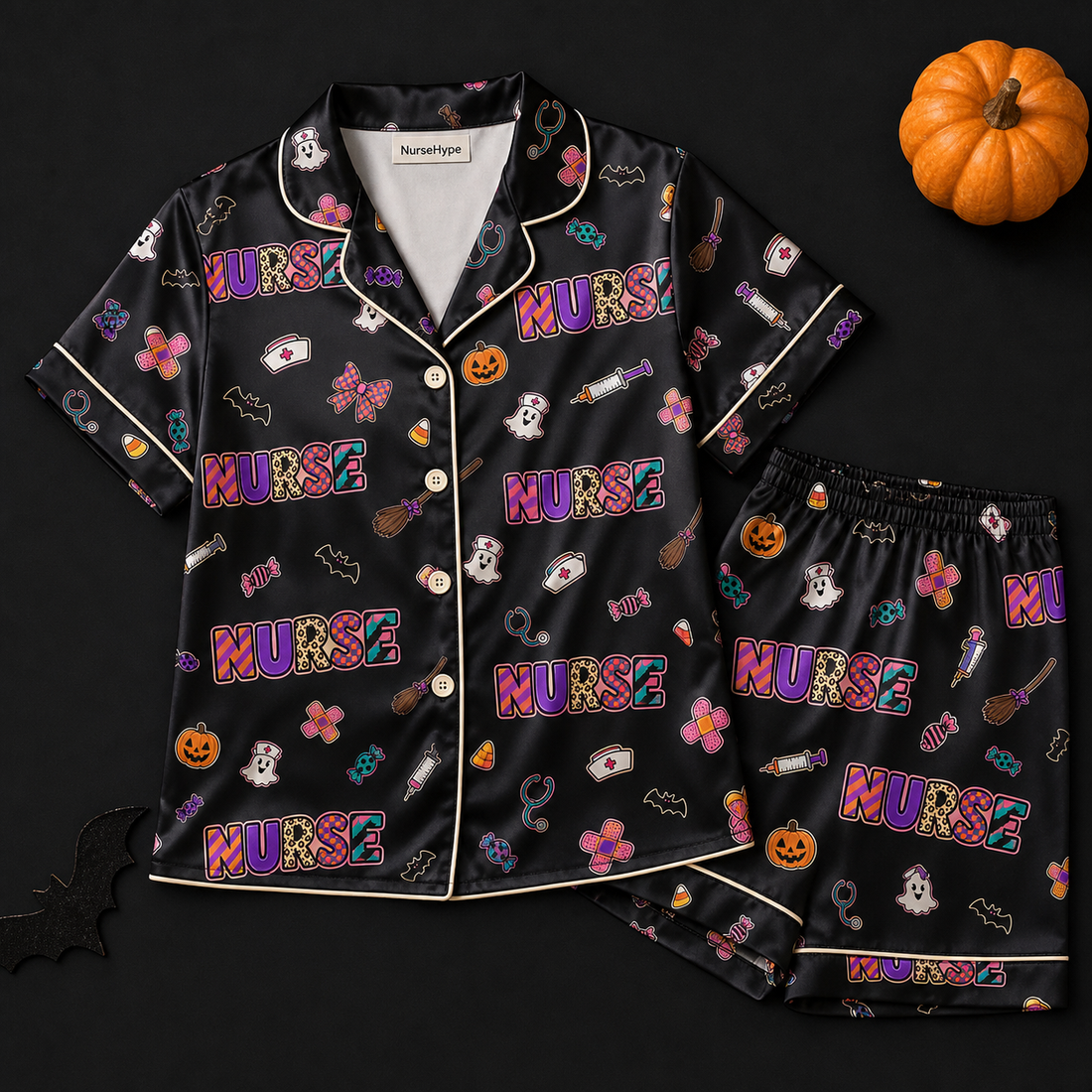 Nurse Halloween Candy Bandage Black Satin Pajama Set - Short flat lay