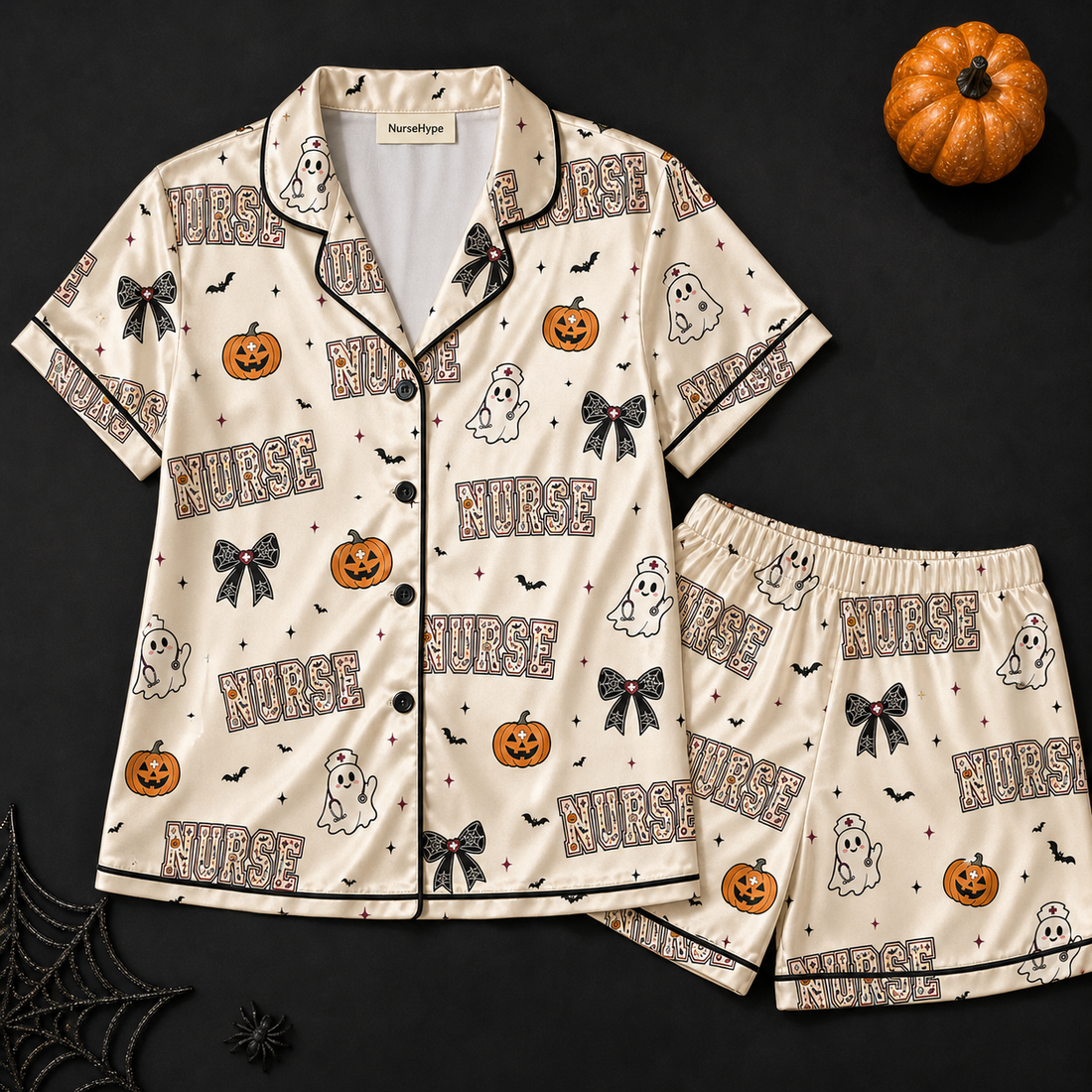 Spooky Nurse Ghost Pumpkin Satin Pajama Set - Short flat lay