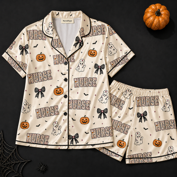 Spooky Nurse Ghost Pumpkin Satin Pajama Set - Short flat lay