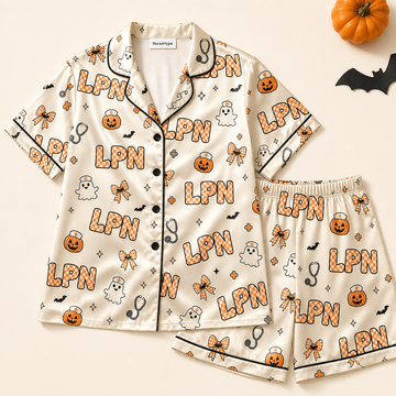 Checkered Ghost Pumpkin LPN Halloween Satin Pajama Set