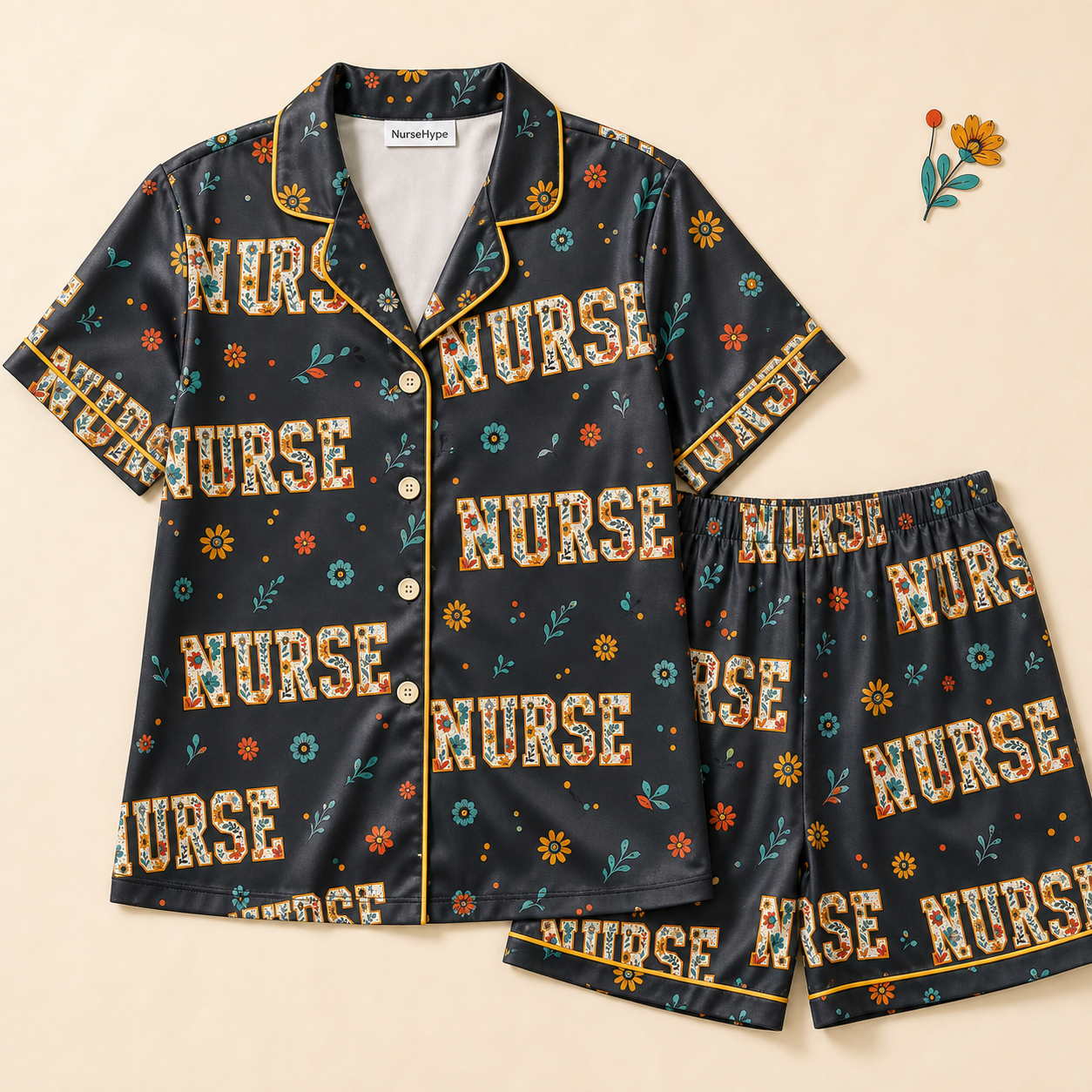 Retro Wildflower Nurse Navy Satin Pajama Set - Short flat lay