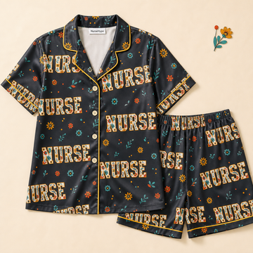 Retro Wildflower Nurse Navy Satin Pajama Set - Short flat lay