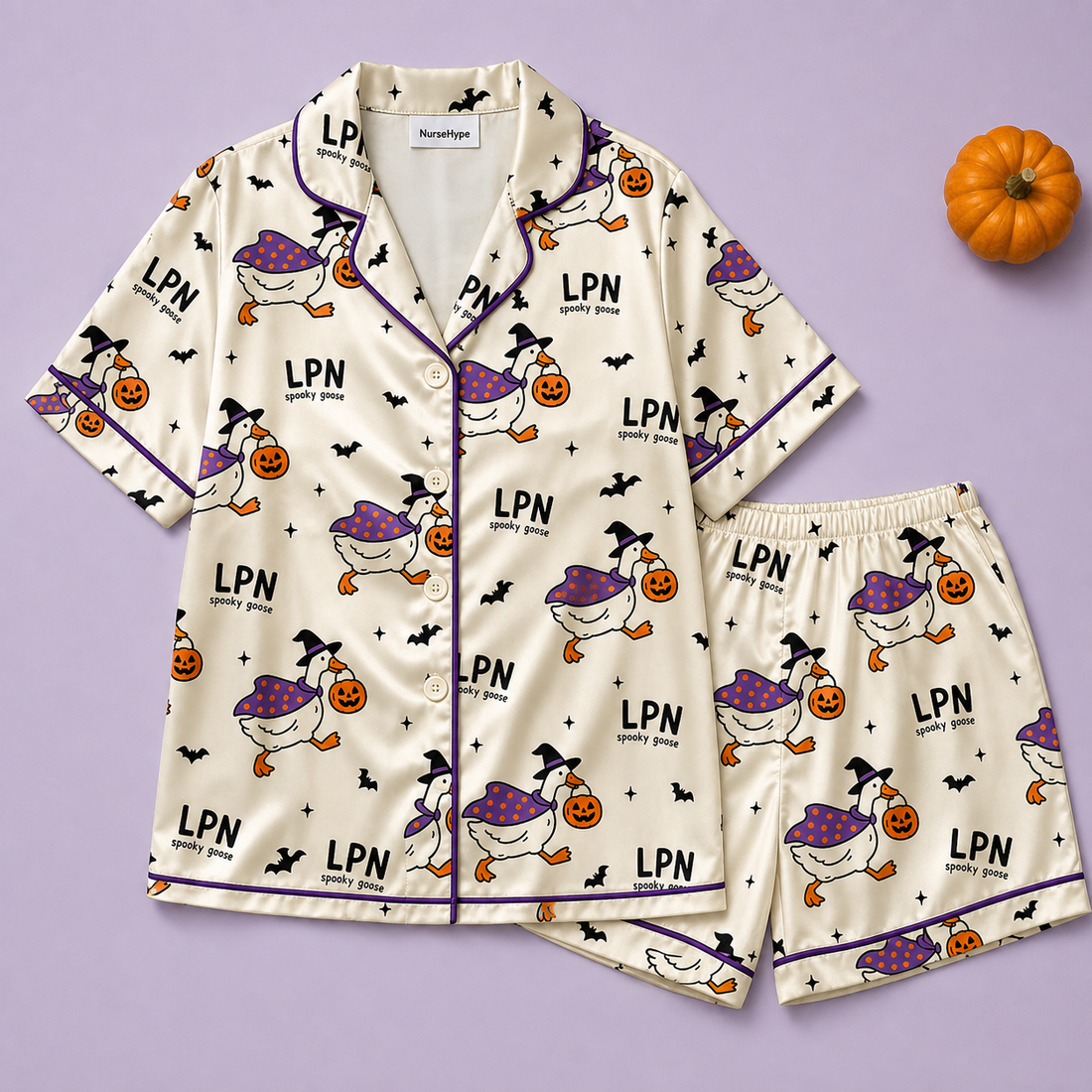 Spooky Goose LPN Halloween Satin Pajama Set - Short flat lay