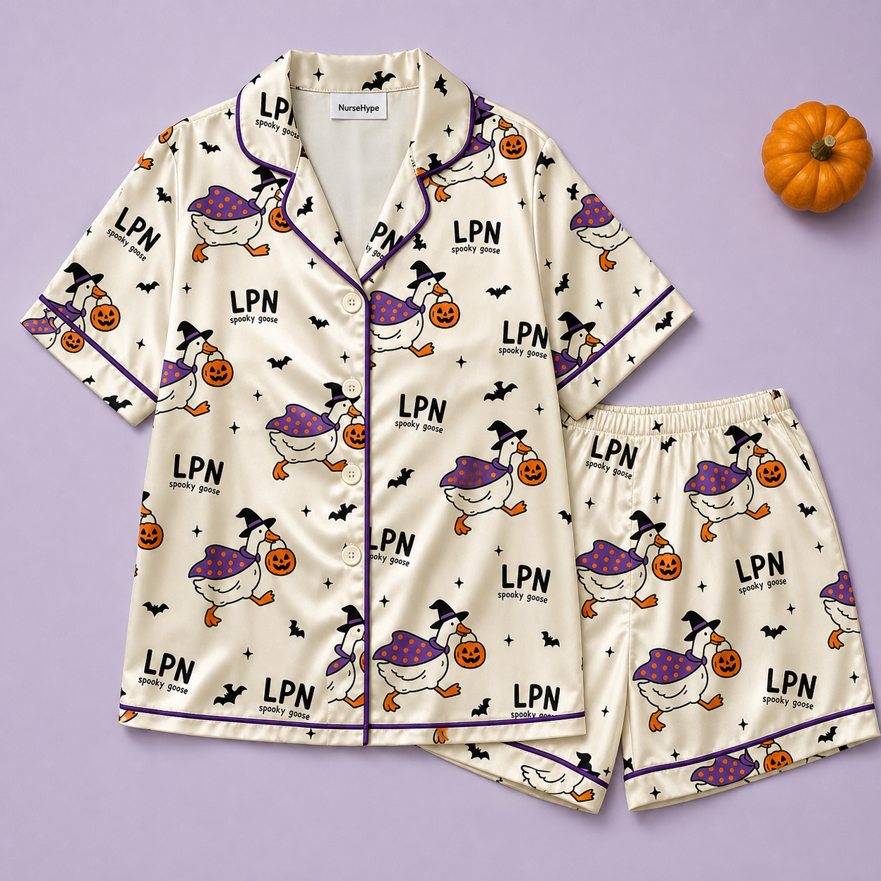 Spooky Goose LPN Halloween Satin Pajama Set - Short flat lay