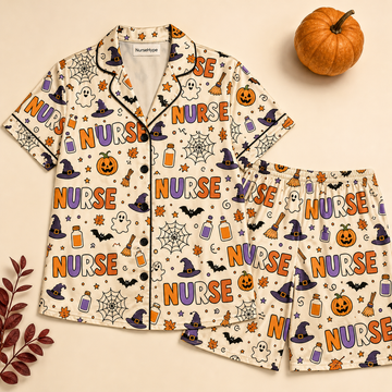 Halloween Nurse Witch Broom Skull Satin Pajama Set - Short flat lay