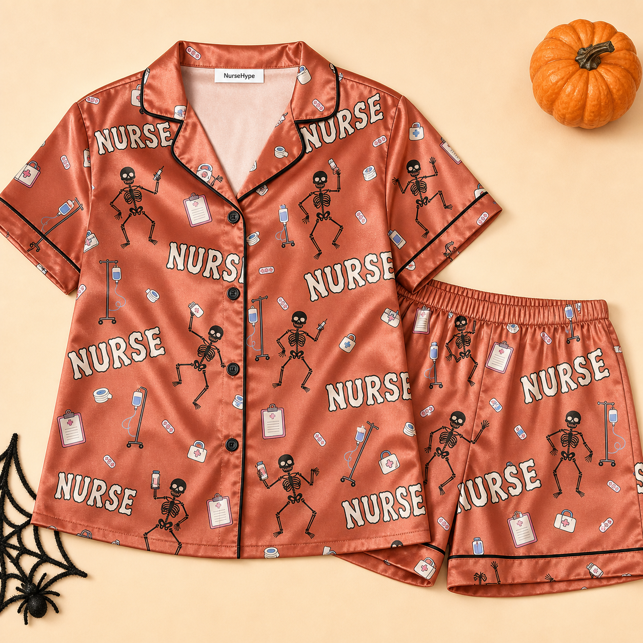 Dancing Skeleton Nurse Halloween Satin Pajama Set