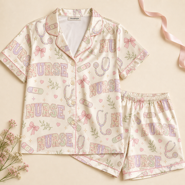 Cute Nurse Patchwork Bandage Bow Ivory Satin Pajama Set - Short Pajama Set flat lay