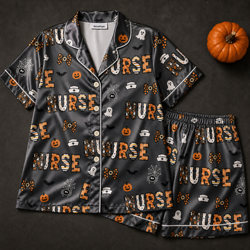 Spider Web Ghost Nurse Halloween Satin Pajama Set - Short flat lay