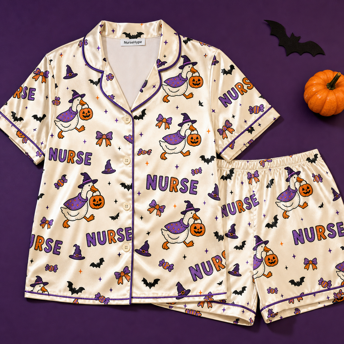 Witch Duck Nurse Halloween Satin Pajama Set - Short flat lay