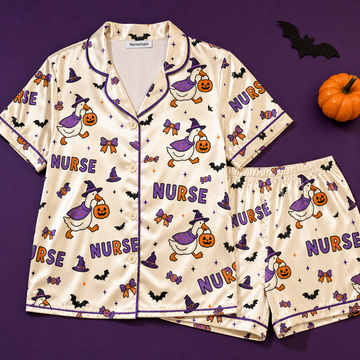 Witch Duck Nurse Halloween Satin Pajama Set - Short flat lay