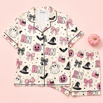 Pink Bow Pumpkin RN Halloween Satin Pajama Set