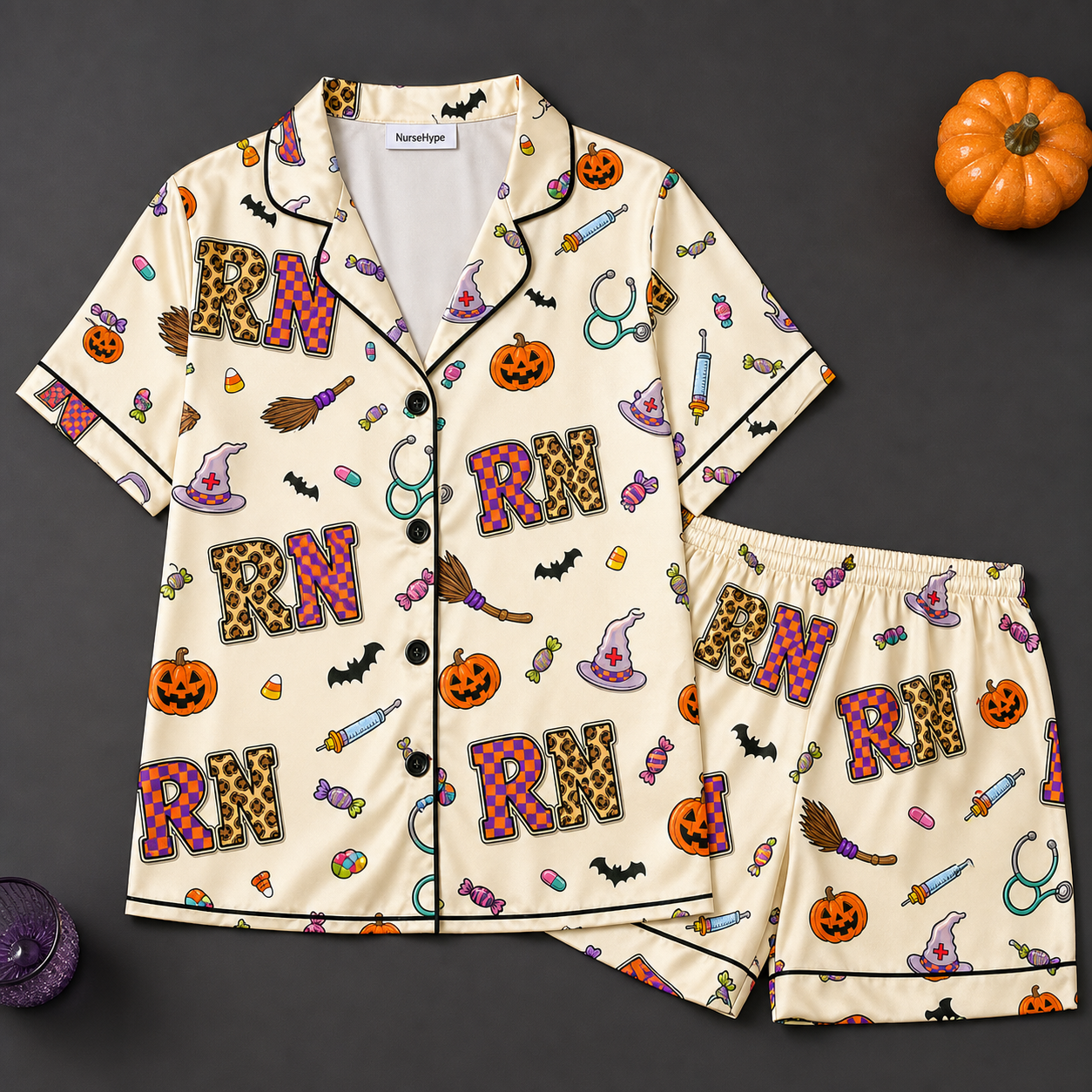 Leopard RN Halloween Candy Satin Pajama Set