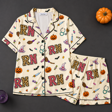 Leopard RN Halloween Candy Satin Pajama Set