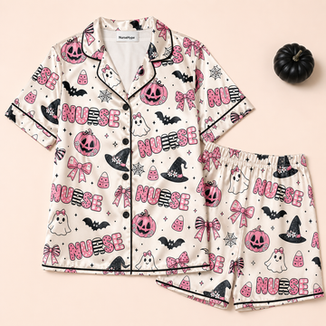Pink Pumpkin Witch Hat Nurse Halloween Satin Pajama Set - Short flat lay