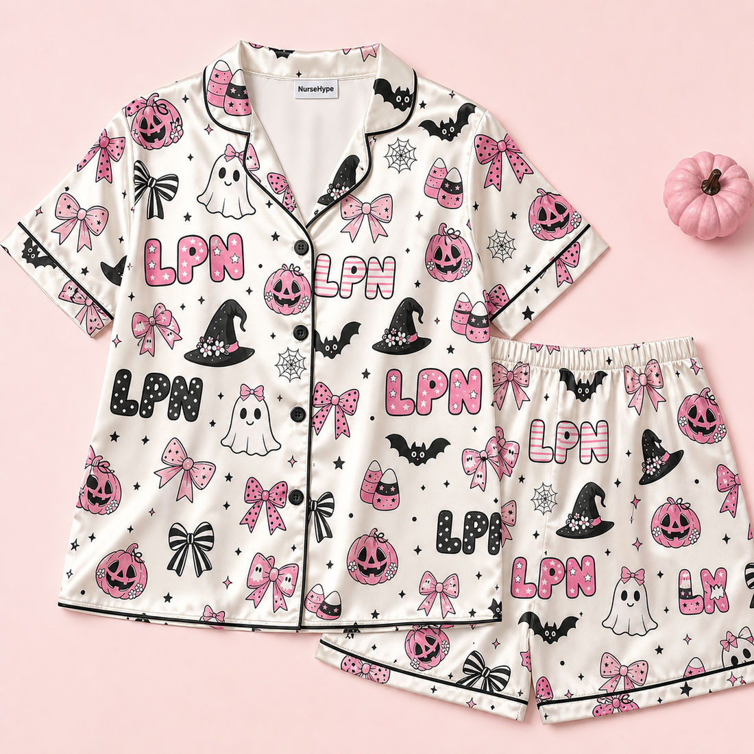 Pink Pumpkin Bow LPN Halloween Satin Pajama Set - Short flat lay