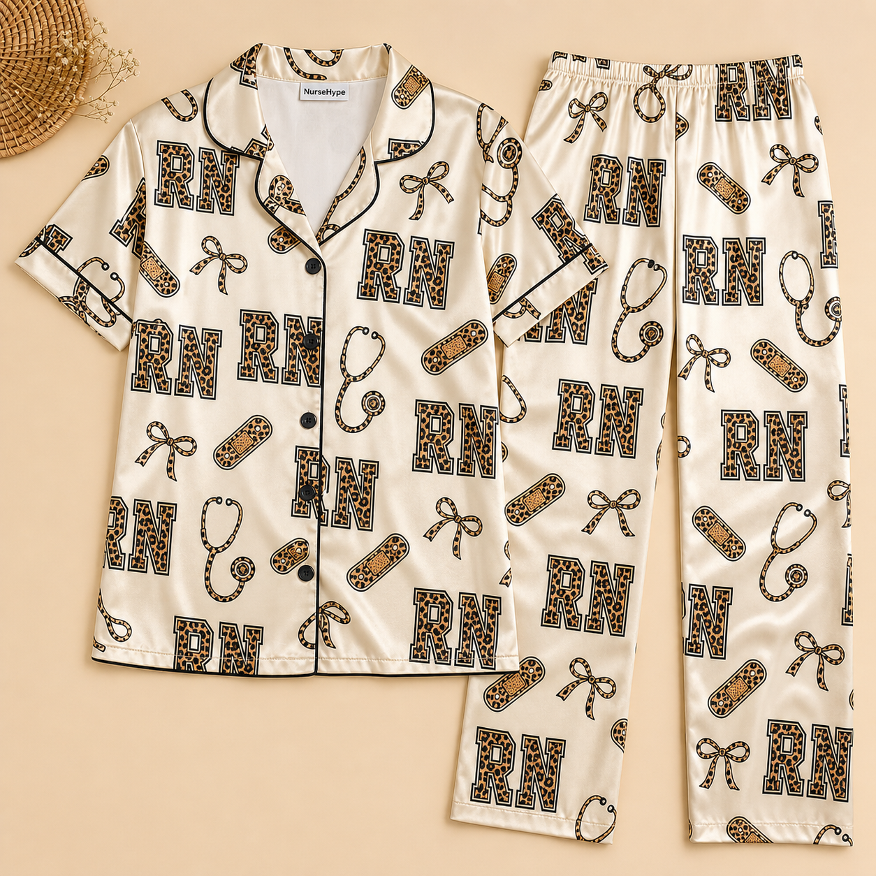 RN Leopard Print Varsity Bow Cream Satin Pajama Set - Long Style Flat Lay