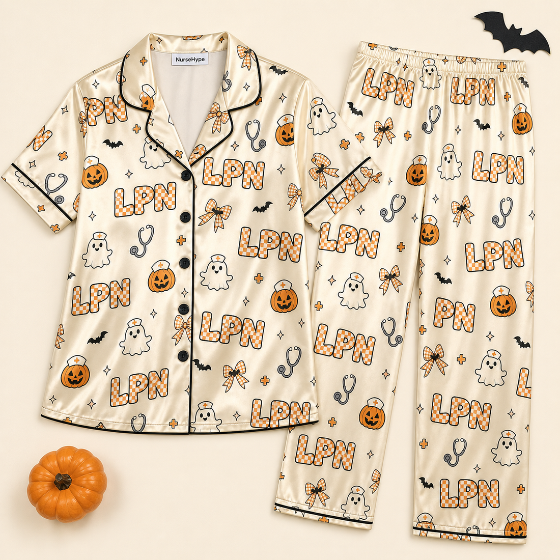 Checkered Ghost Pumpkin LPN Halloween Satin Pajama Set