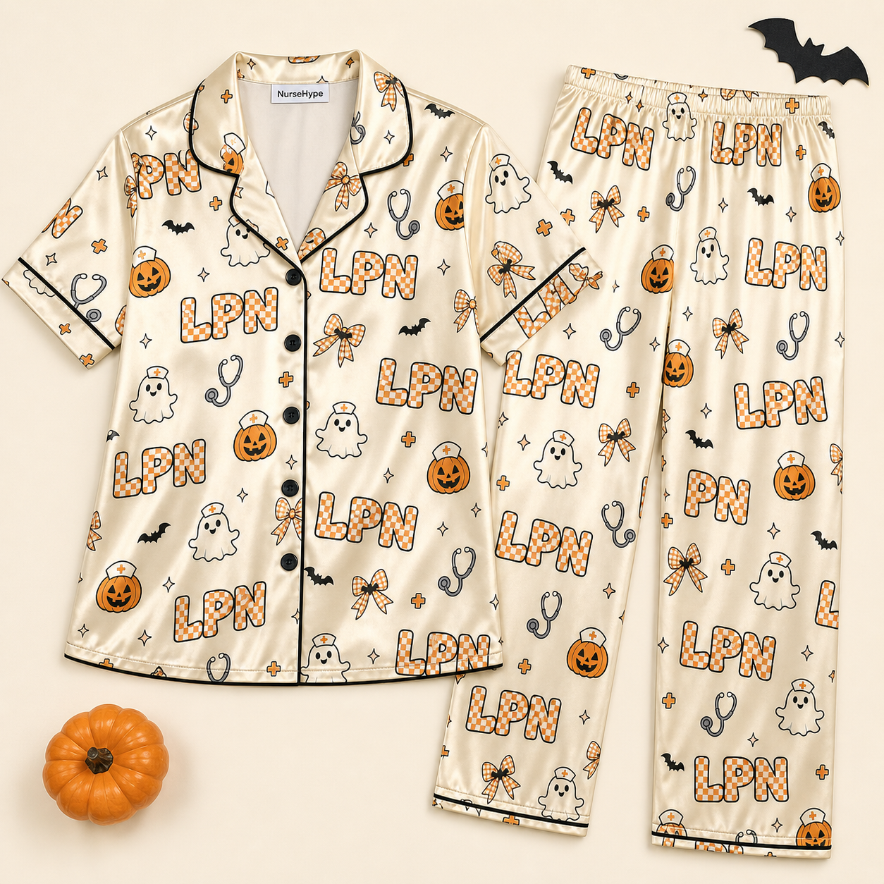 Checkered Ghost Pumpkin LPN Halloween Satin Pajama Set