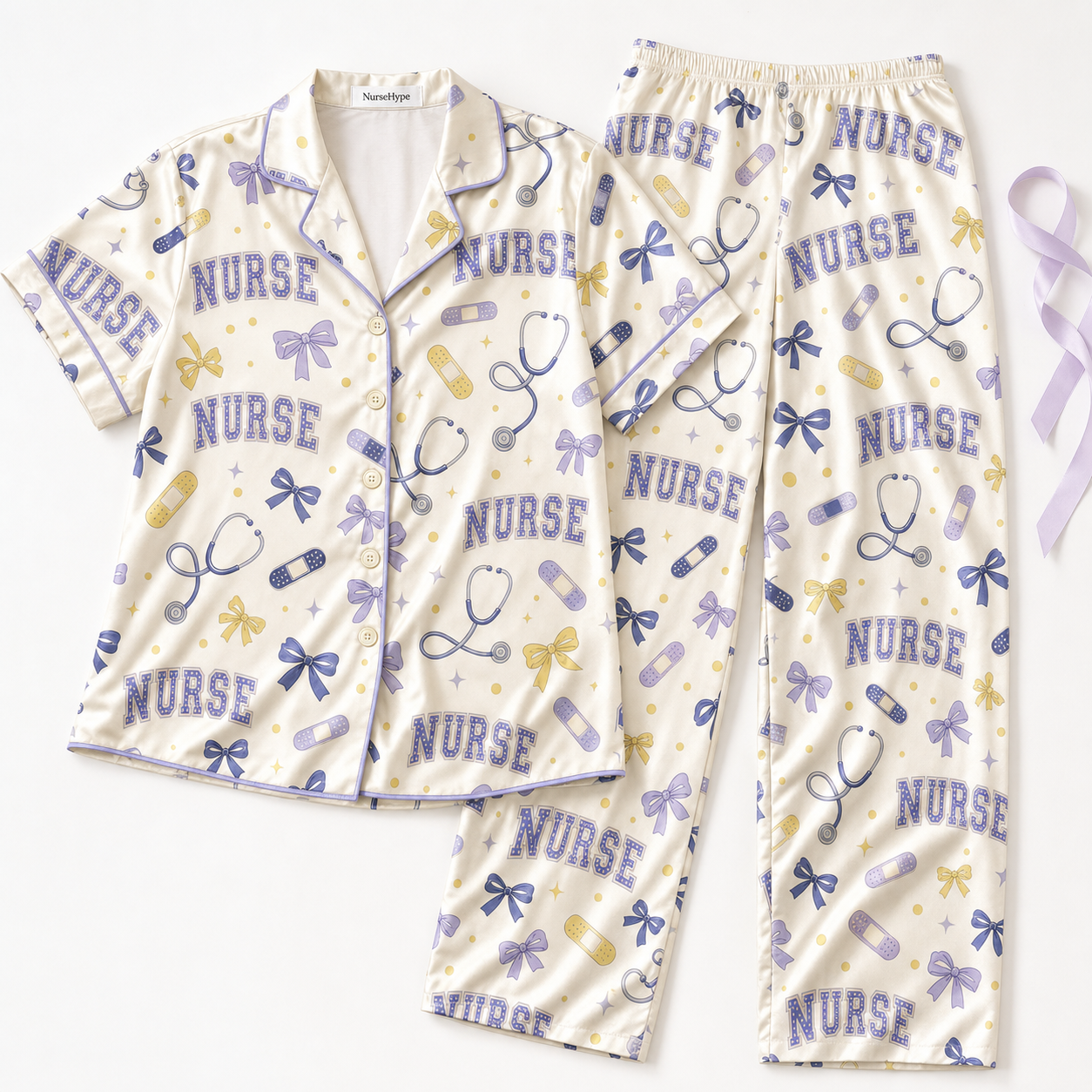 Nurse Varsity Bow Bandage Satin Pajama Set - Long Style Flat Lay
