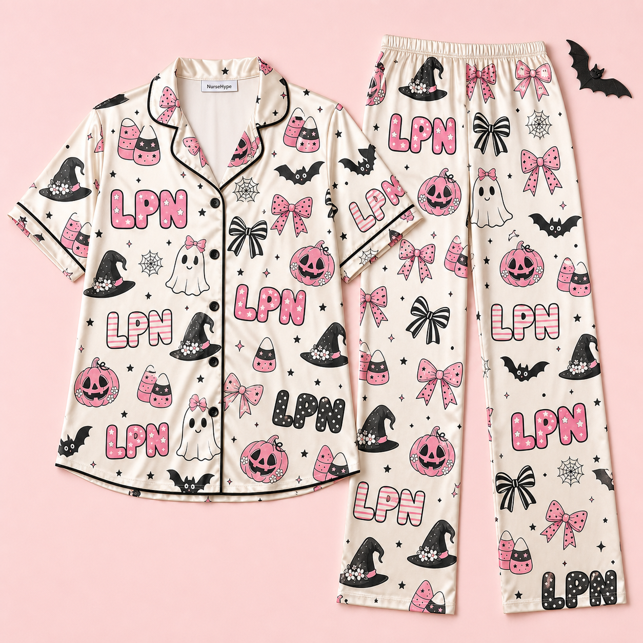 Pink Pumpkin Bow LPN Halloween Satin Pajama Set - Long flat lay