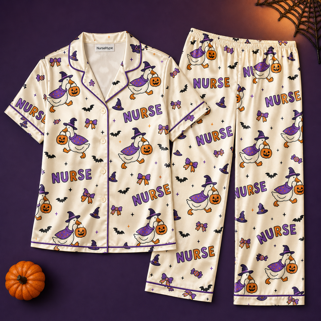 Witch Duck Nurse Halloween Satin Pajama Set - Long flat lay
