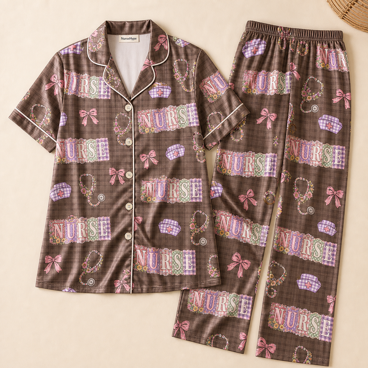 Registered Nurse Patchwork Floral Bow Brown Satin Pajama Set - Long Style Flat Lay