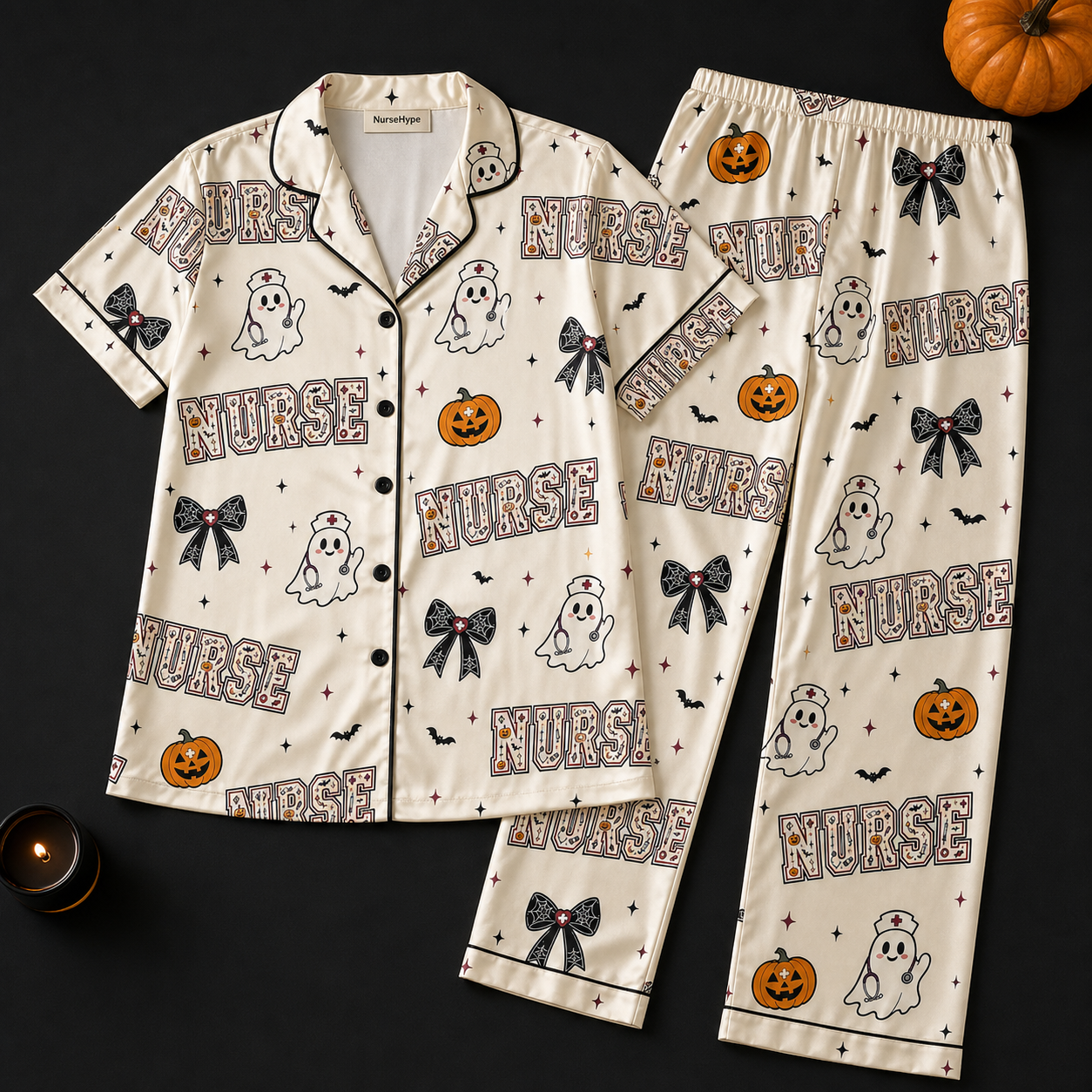 Spooky Nurse Ghost Pumpkin Satin Pajama Set