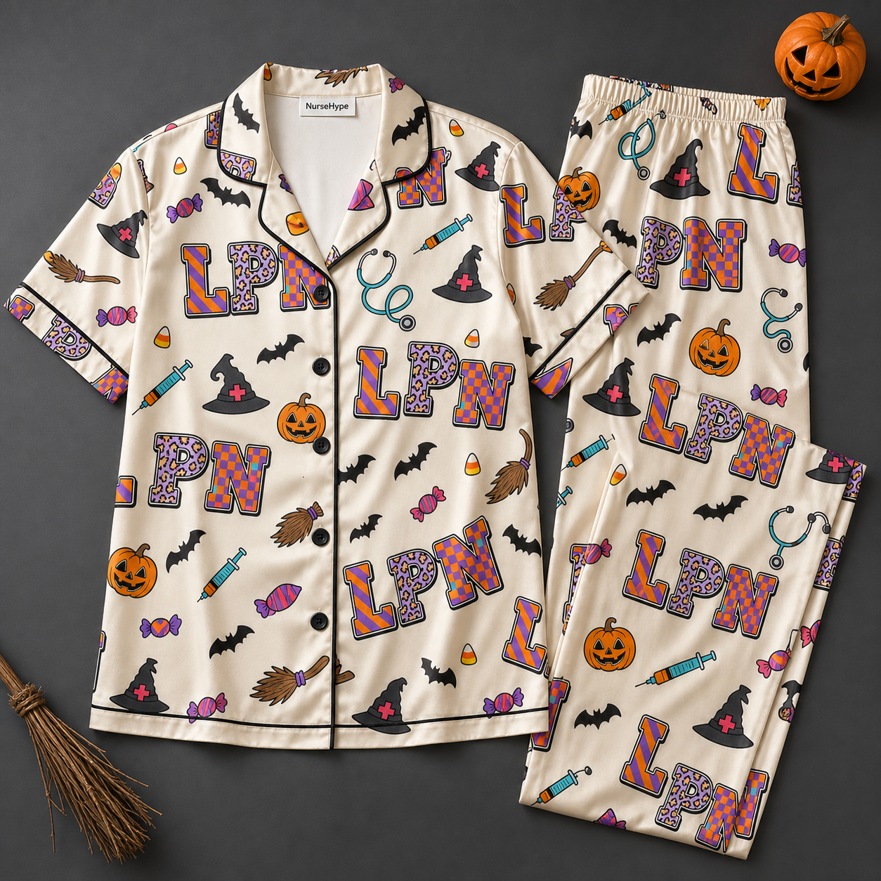 Witch Hat Broom LPN Halloween Satin Pajama Set
