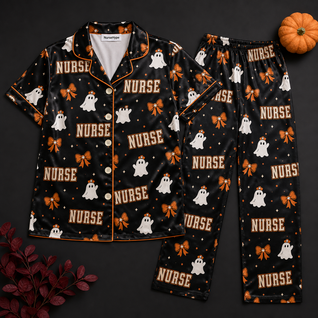 Ghost Nurse Orange Bow Halloween Satin Pajama Set - Short flat lay