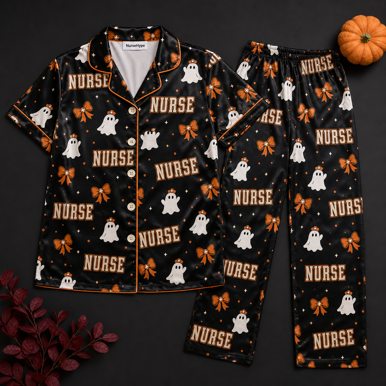 Ghost Nurse Orange Bow Halloween Satin Pajama Set - Long flat lay