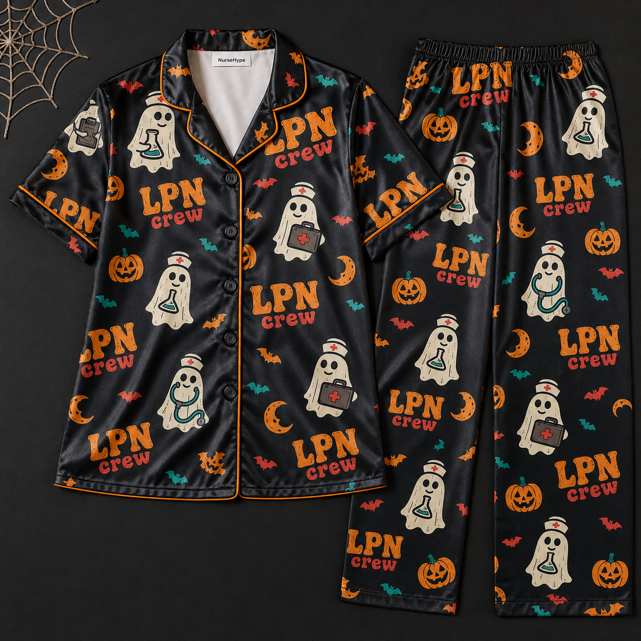 Black LPN Crew Halloween Ghost Satin Pajama Set - Long flat lay