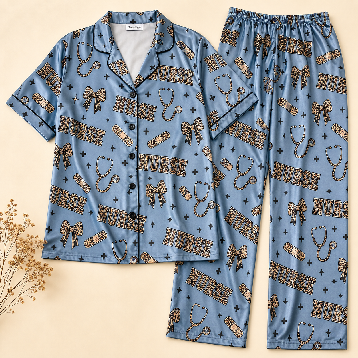 Leopard Print Nurse Bow Bandage Blue Satin Pajama Set - Long Style Flat Lay