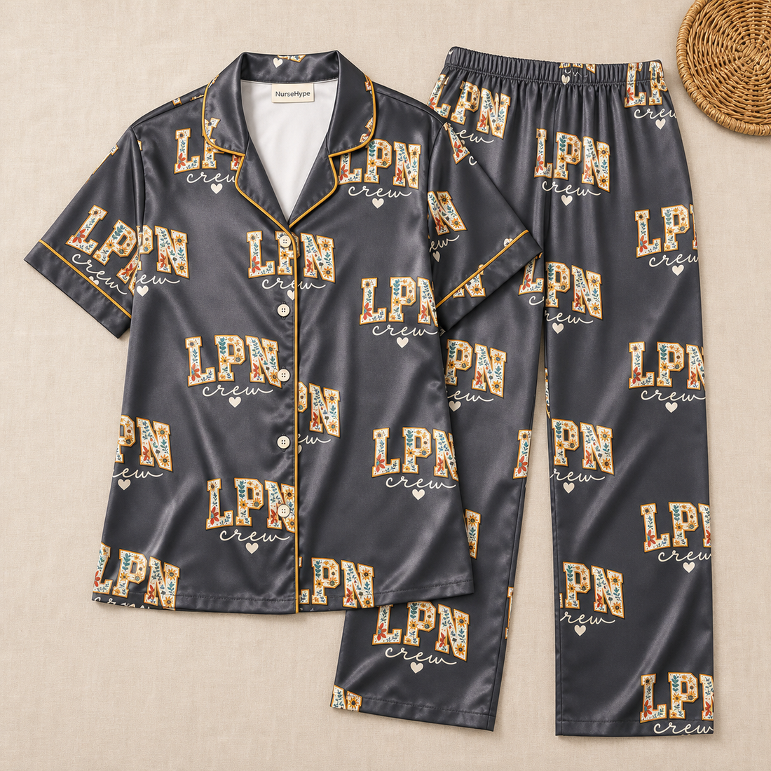 Grey Floral LPN Crew Satin Pajama Set