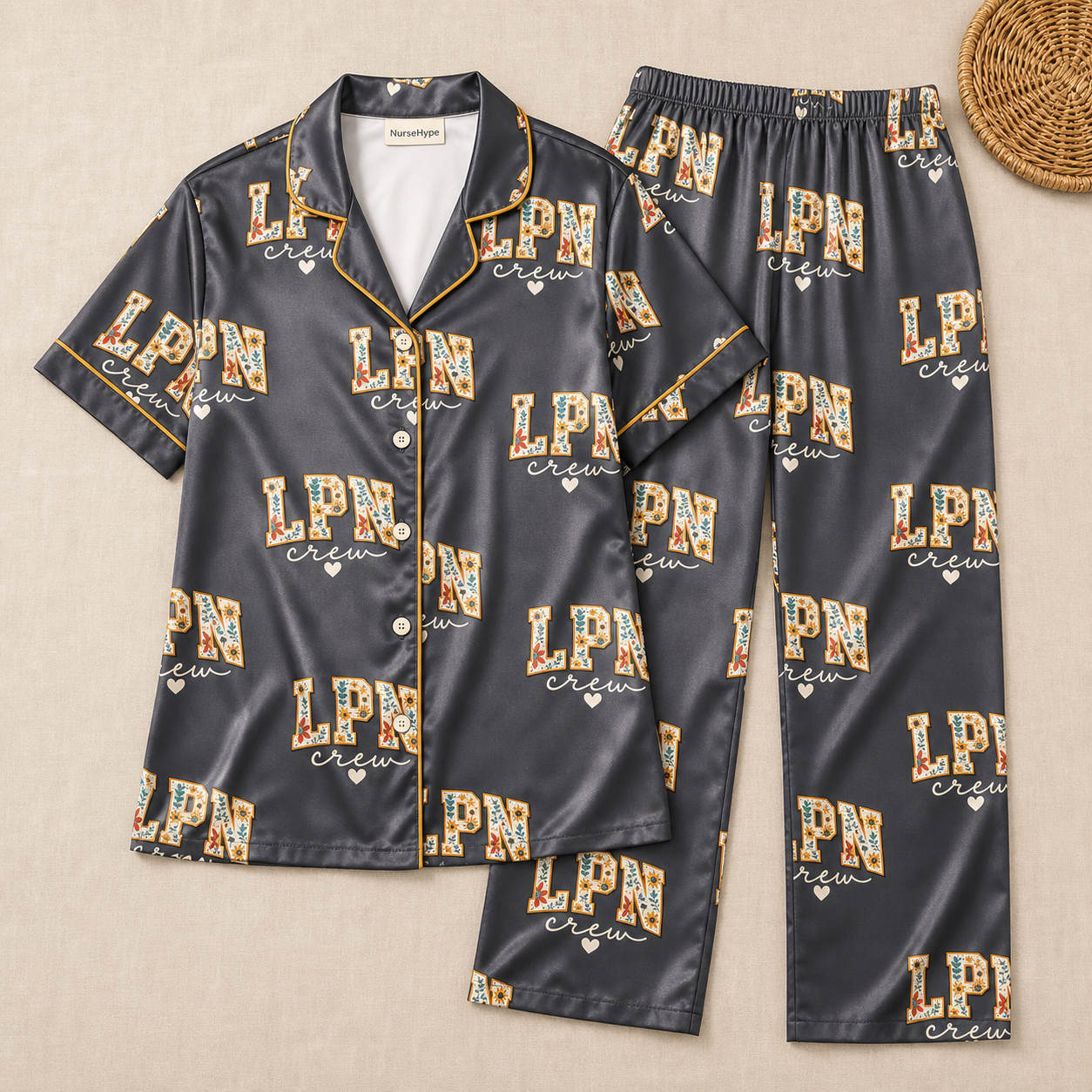 Grey Floral LPN Crew Satin Pajama Set