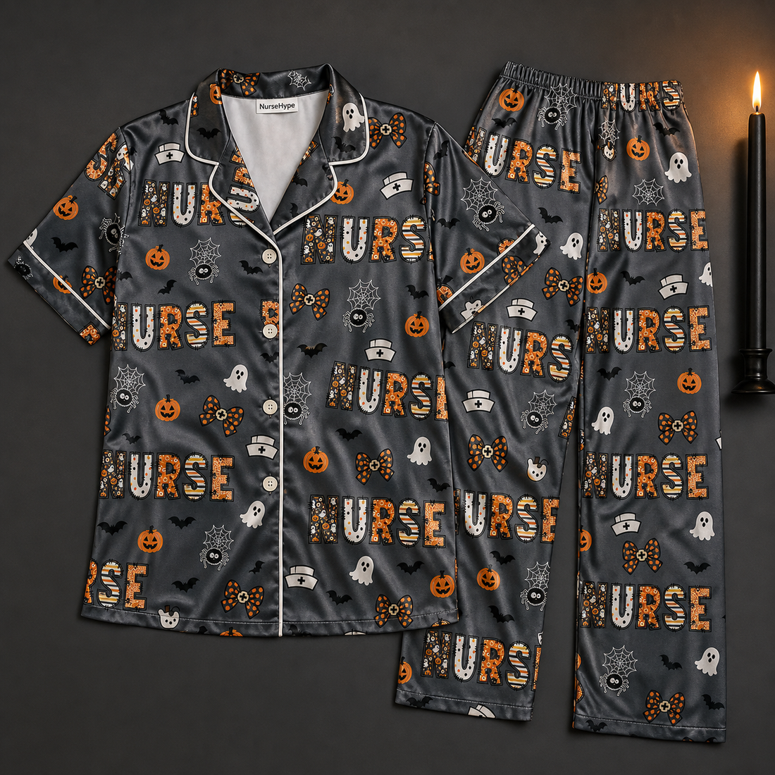 Spider Web Ghost Nurse Halloween Satin Pajama Set - Short flat lay